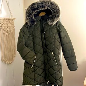 Brand New w/o Tags Winter Coat in Dark Olive Green w/Light Gold Hardware.